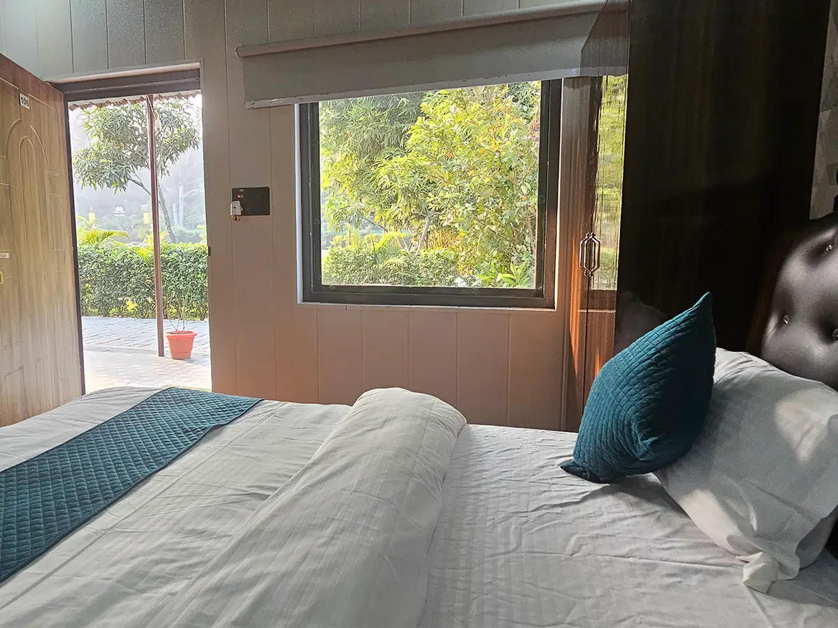 Luxury room interior with jungle view at Serai The Baagh resort Lakhimpur Kheri Uttar Pradesh