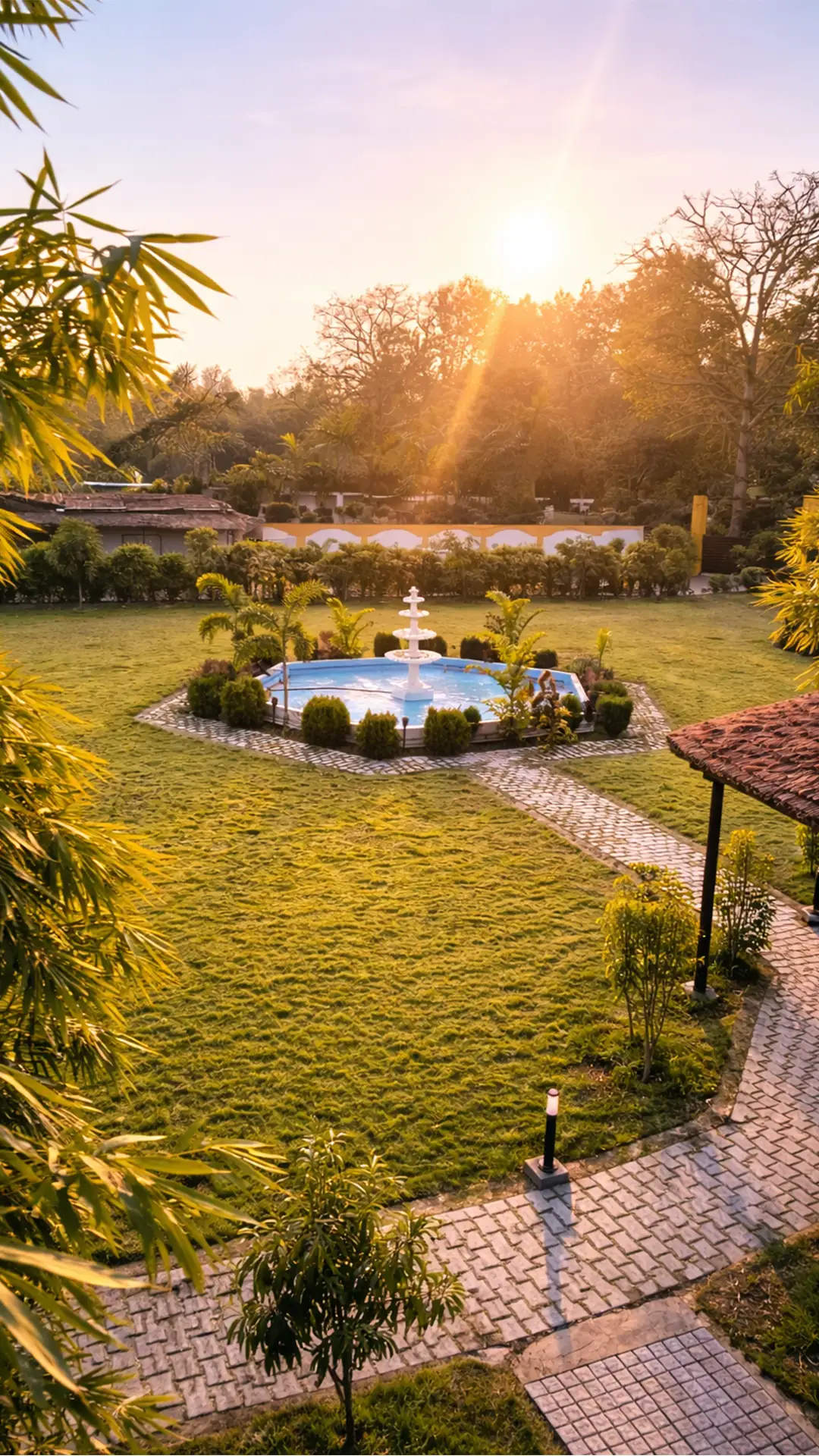 Lush resort grounds and garden at Serai The Baagh nature stay Dudhwa Tiger Reserve UP