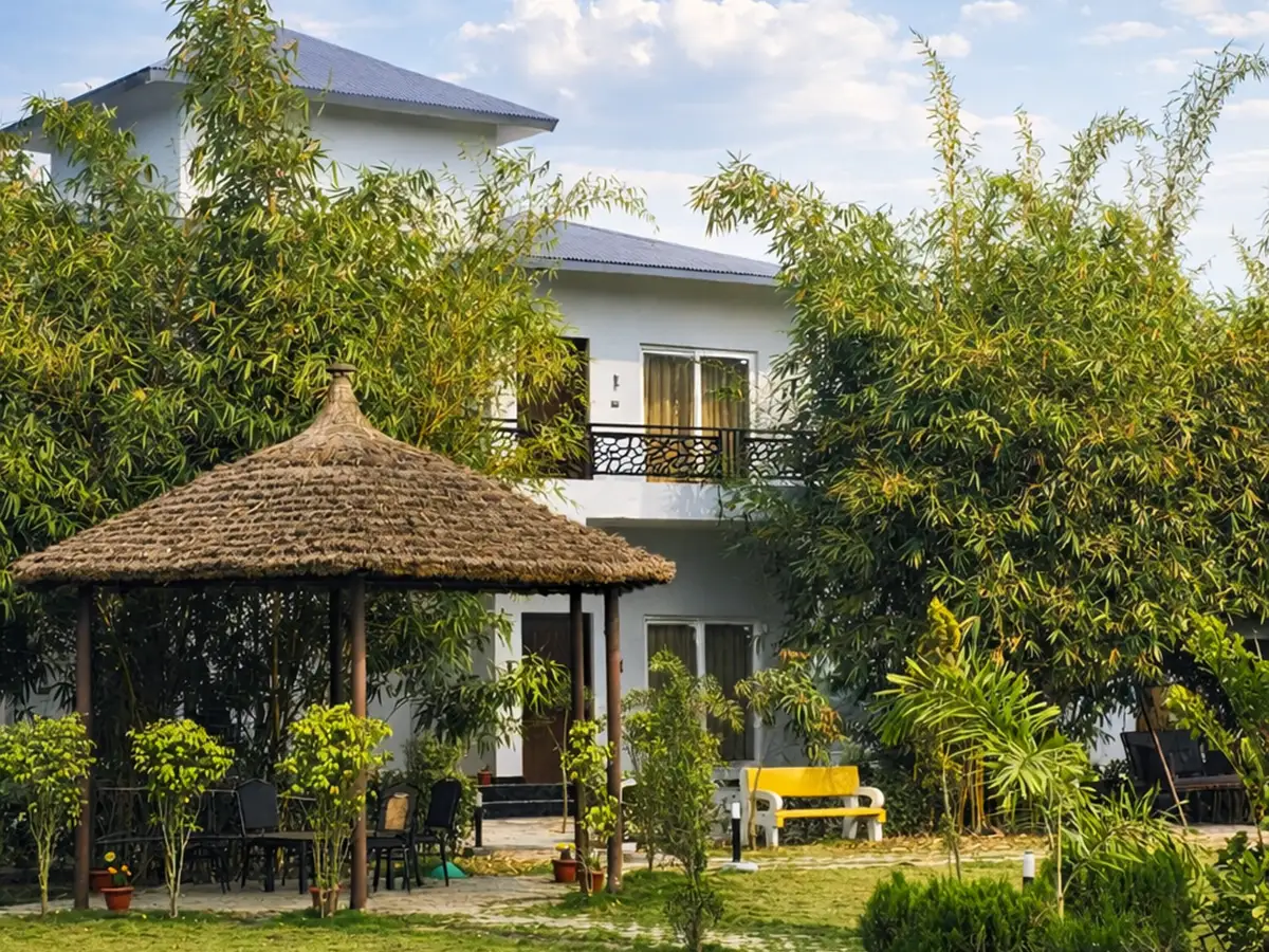 Resort building and garden view at Serai The Baagh jungle resort Dudhwa Tiger Reserve Lakhimpur Kheri